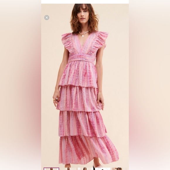 Saylor Stefania Elegant Pink and Metallic Ruffled Tiered Maxi Dress - Picture 1 of 14